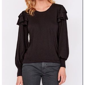 Sundry Ruffle Shoulder Long Sleeve Tee in Pima Cotton, Black, size 4 (XL).